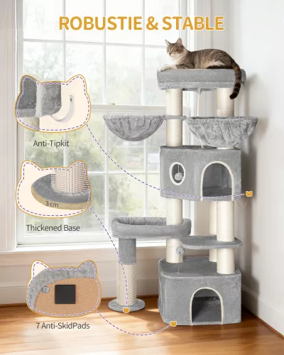 Arbre à chat beige gris clair, 163 cm, deux grottes – image 2