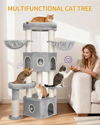 Arbre à chat beige gris clair, 163 cm, deux grottes – image 3