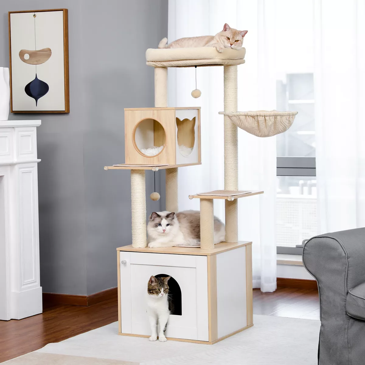 Arbre à chat en bois avec armoire pour bac à litière