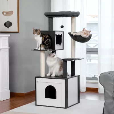 Arbre à chat en bois avec armoire pour bac à litière – image 2