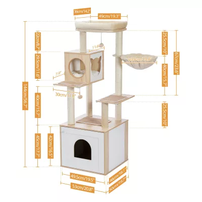 Arbre à chat en bois avec armoire pour bac à litière – image 3