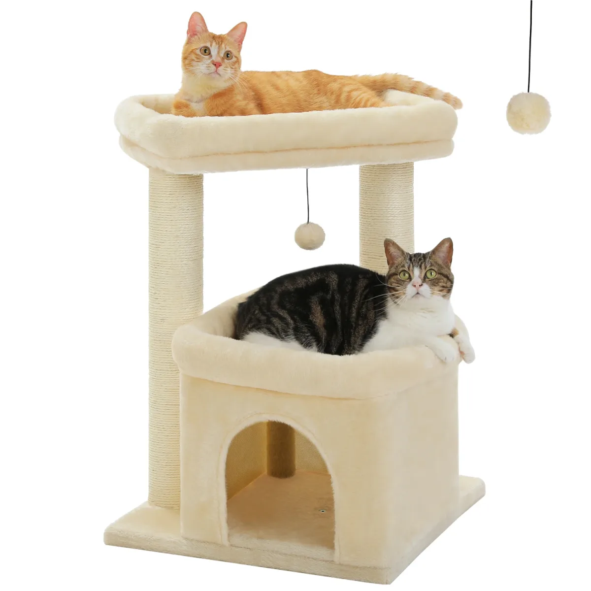 Arbre à chat trois niveaux gris et beige en bois