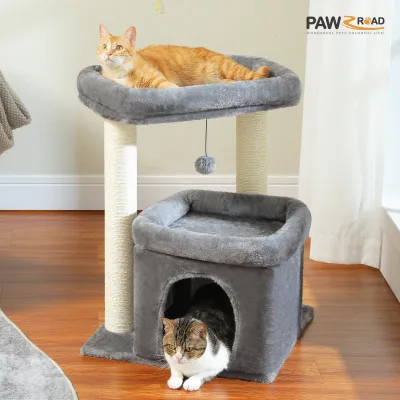 Arbre à chat trois niveaux gris et beige en bois – image 2