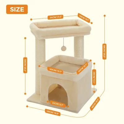 Arbre à chat trois niveaux gris et beige en bois – image 3