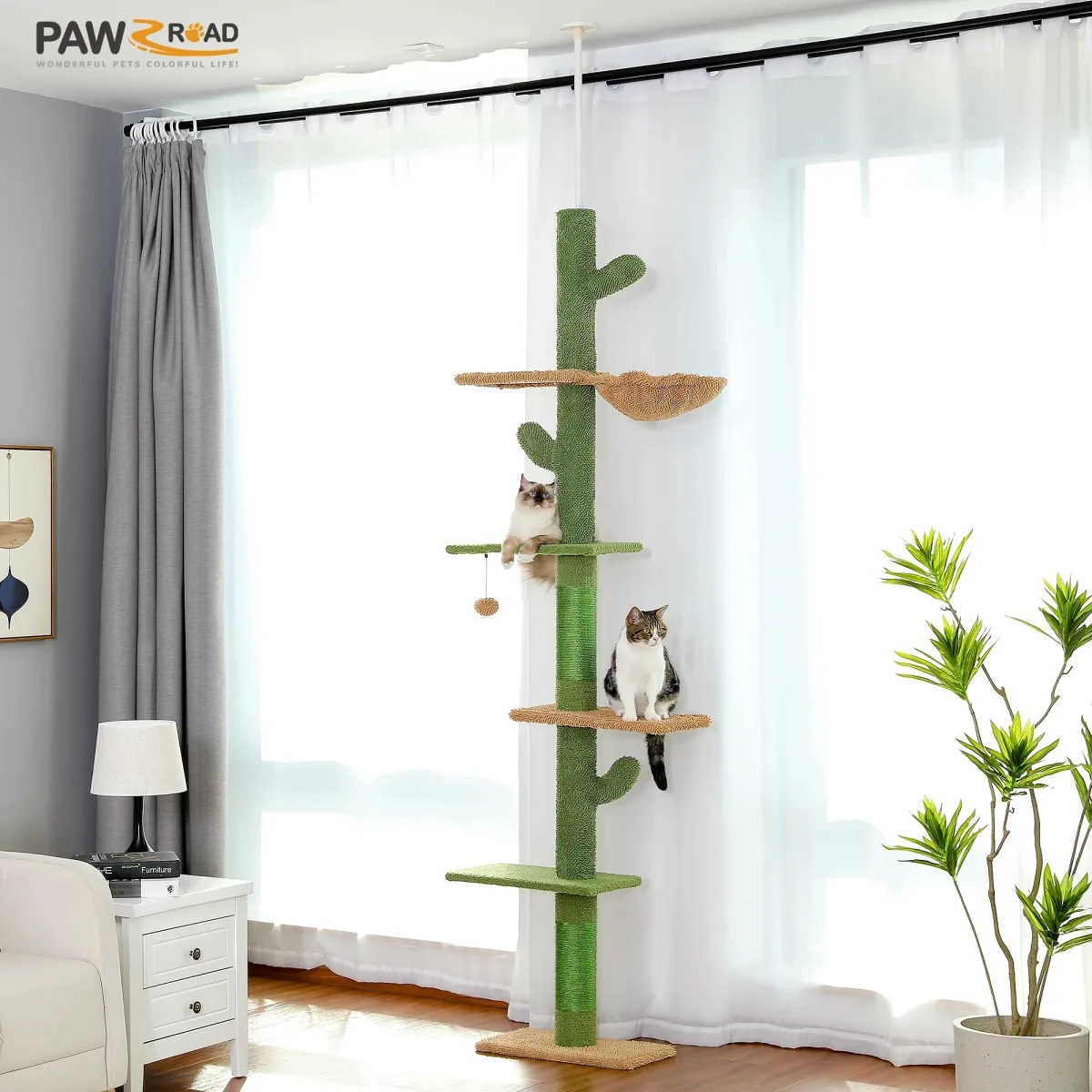Arbre à chat vert du sol au plafond, 5 niveaux