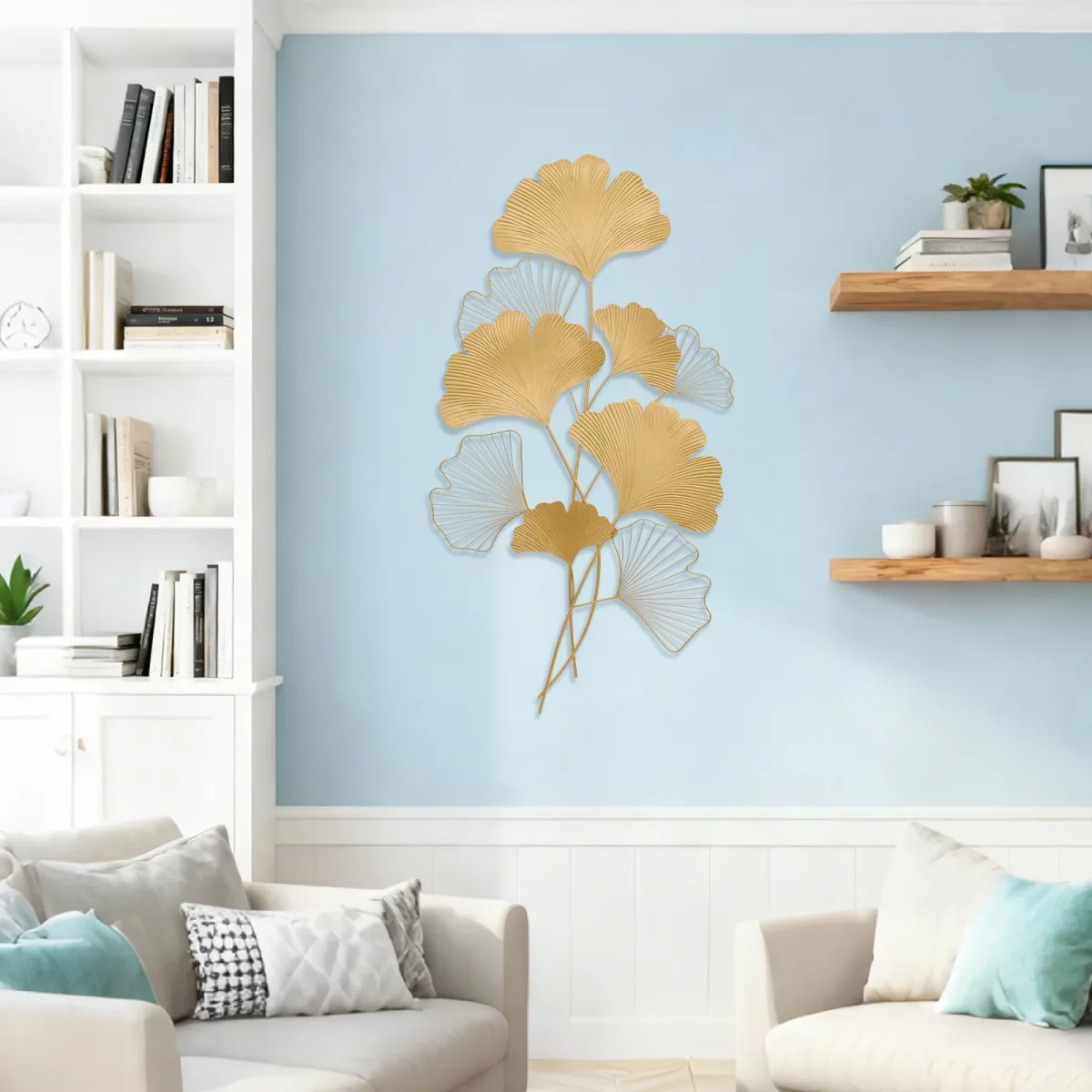 Décoration murale feuilles de ginkgo en fer doré