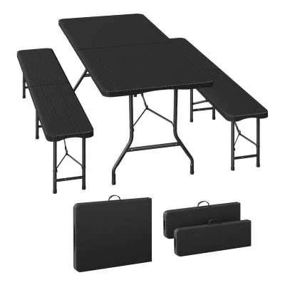 Ensemble table et 2 bancs pliants en métal, noir
