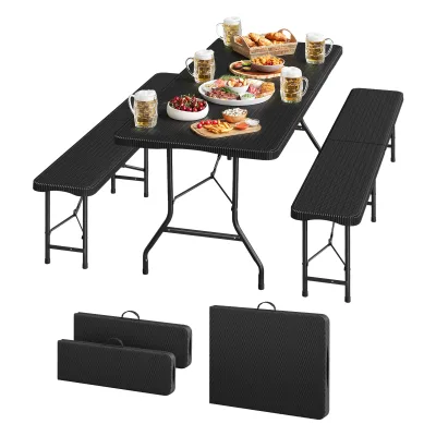 Ensemble table et 2 bancs pliants en métal, noir – image 2
