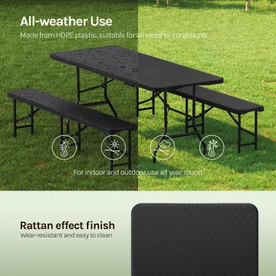 Ensemble table et 2 bancs pliants en métal, noir – image 3