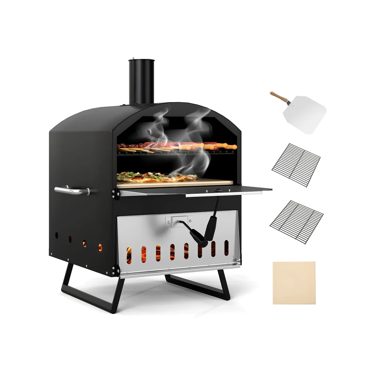 Four à pizza au bois d'extérieur, noir et argent