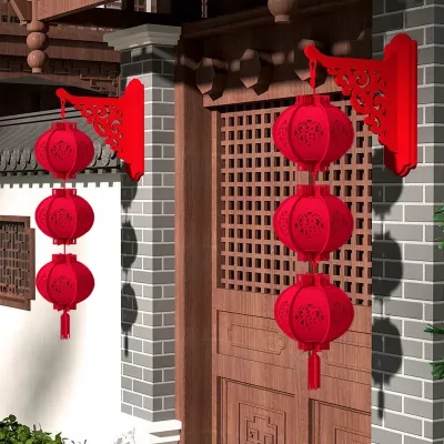 Lanterne rouge ronde en tissu floqué suspendue