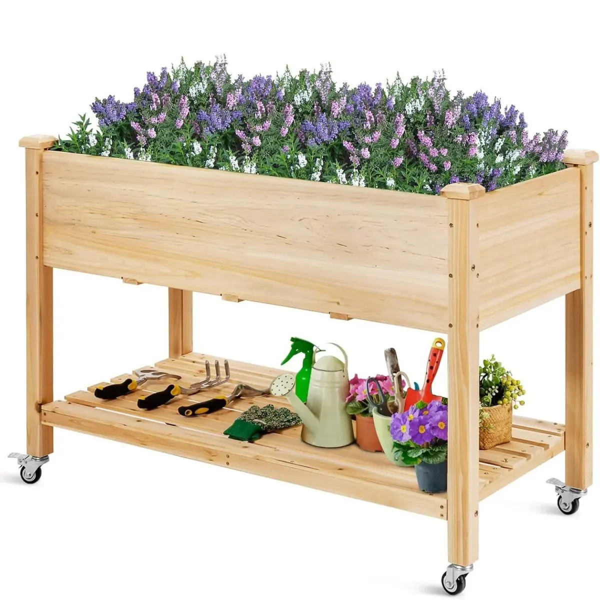 Lit de jardin surélevé en bois avec roulettes