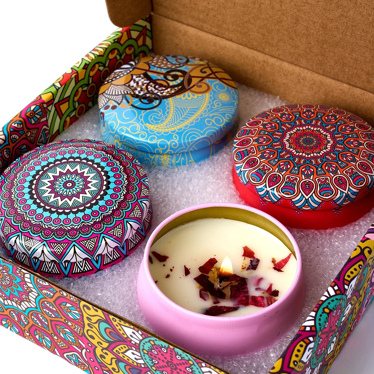 Lot de 4 bougies parfumées en boîte, motif floral