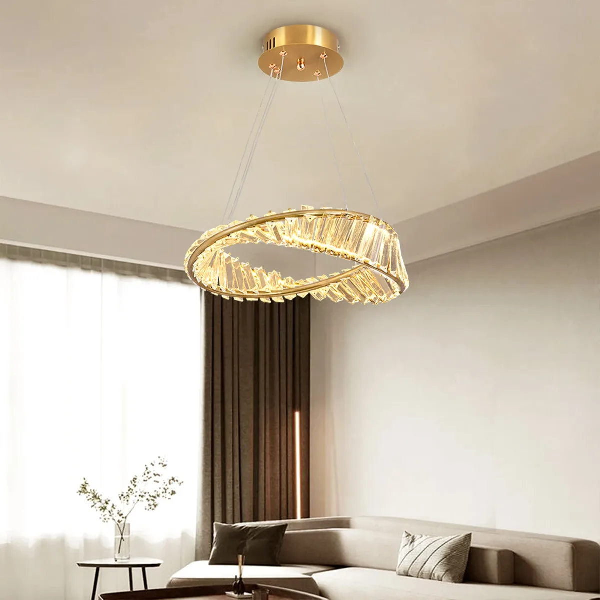 Lustre suspendu en cristal doré à LED