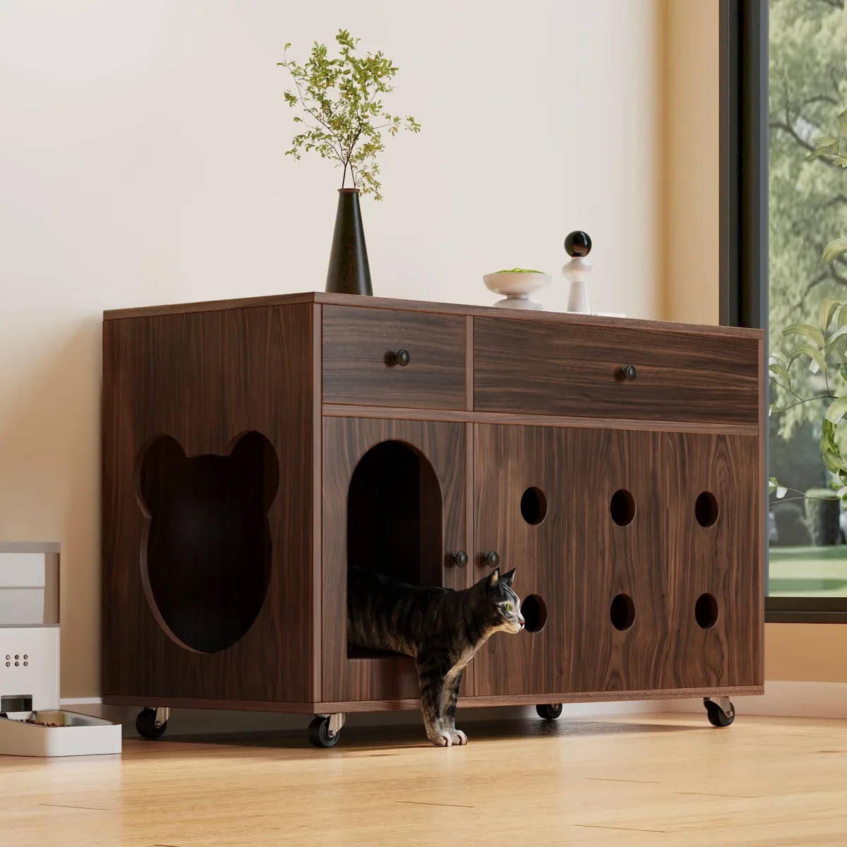 Meuble cache-litière pour chat avec tiroirs