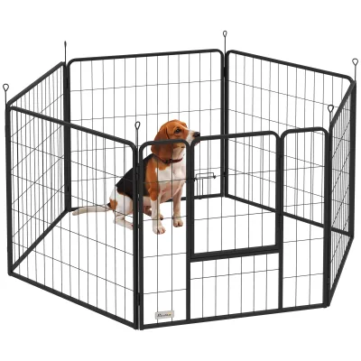 Parc pour chien noir en acier, 6 panneaux et porte