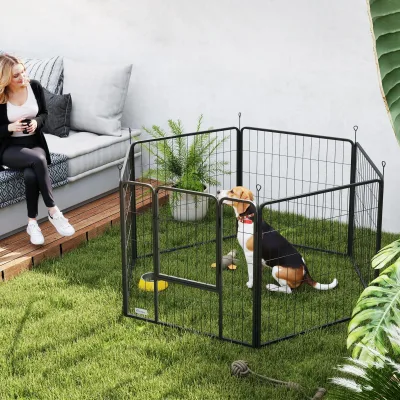 Parc pour chien noir en acier, 6 panneaux et porte – image 2