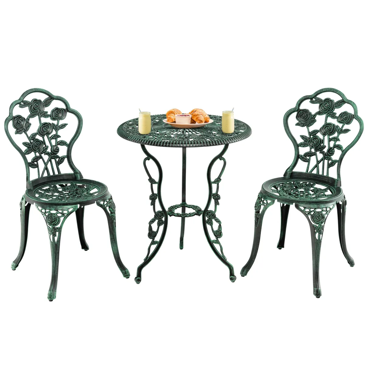 Salon de jardin vert, table ronde et 2 chaises