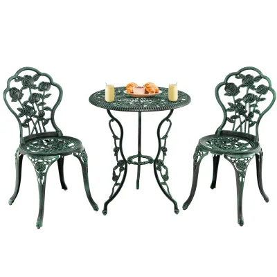 Salon de jardin vert, table ronde et 2 chaises
