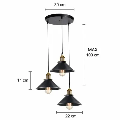 Suspension industrielle 3 lumières en métal, culot E27 – image 2